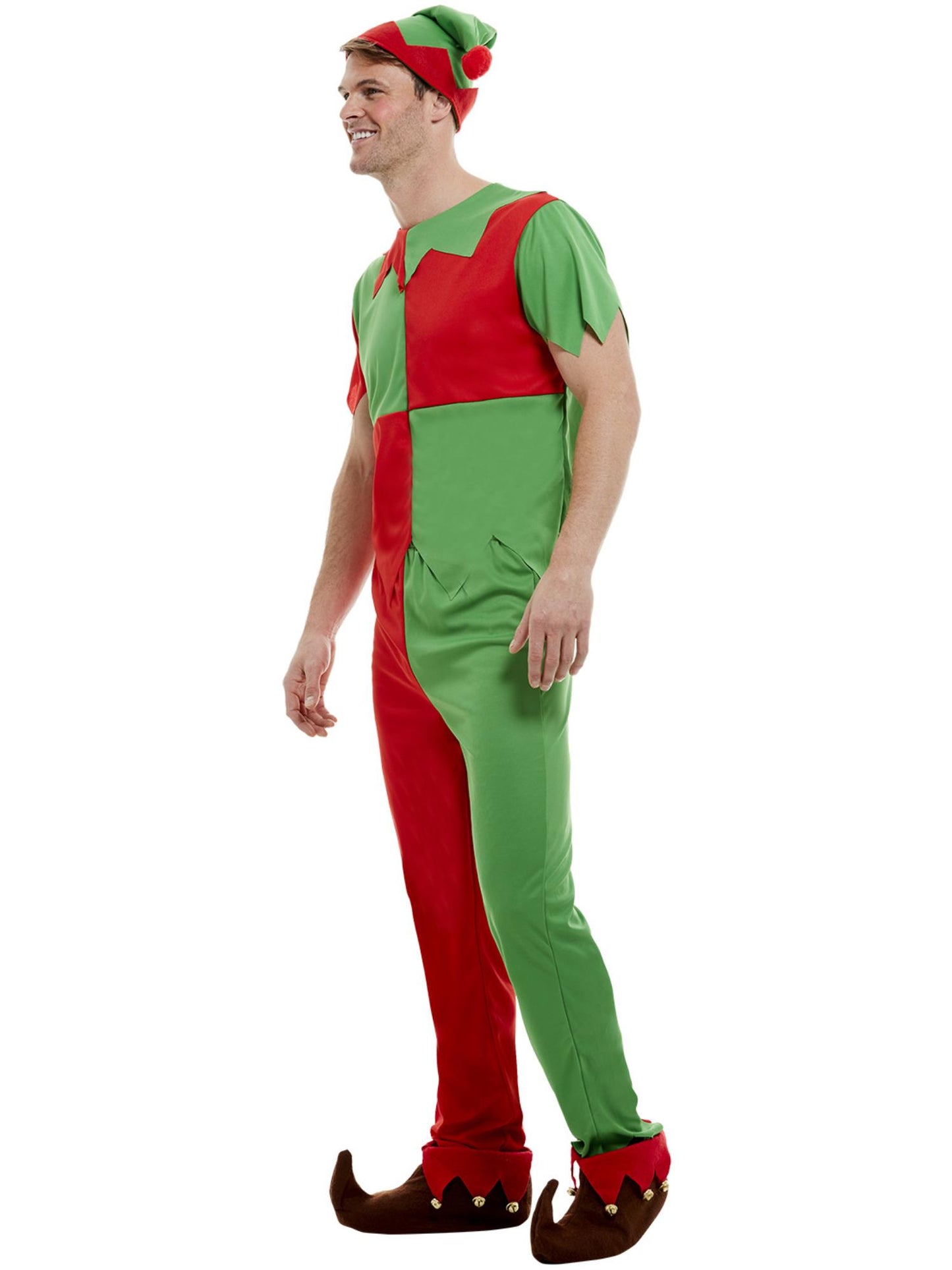 Smiffys Elf-Kostüm in Grün und Rot für Erwachsene mit Oberteil, Hose und Hut – Seitenansicht