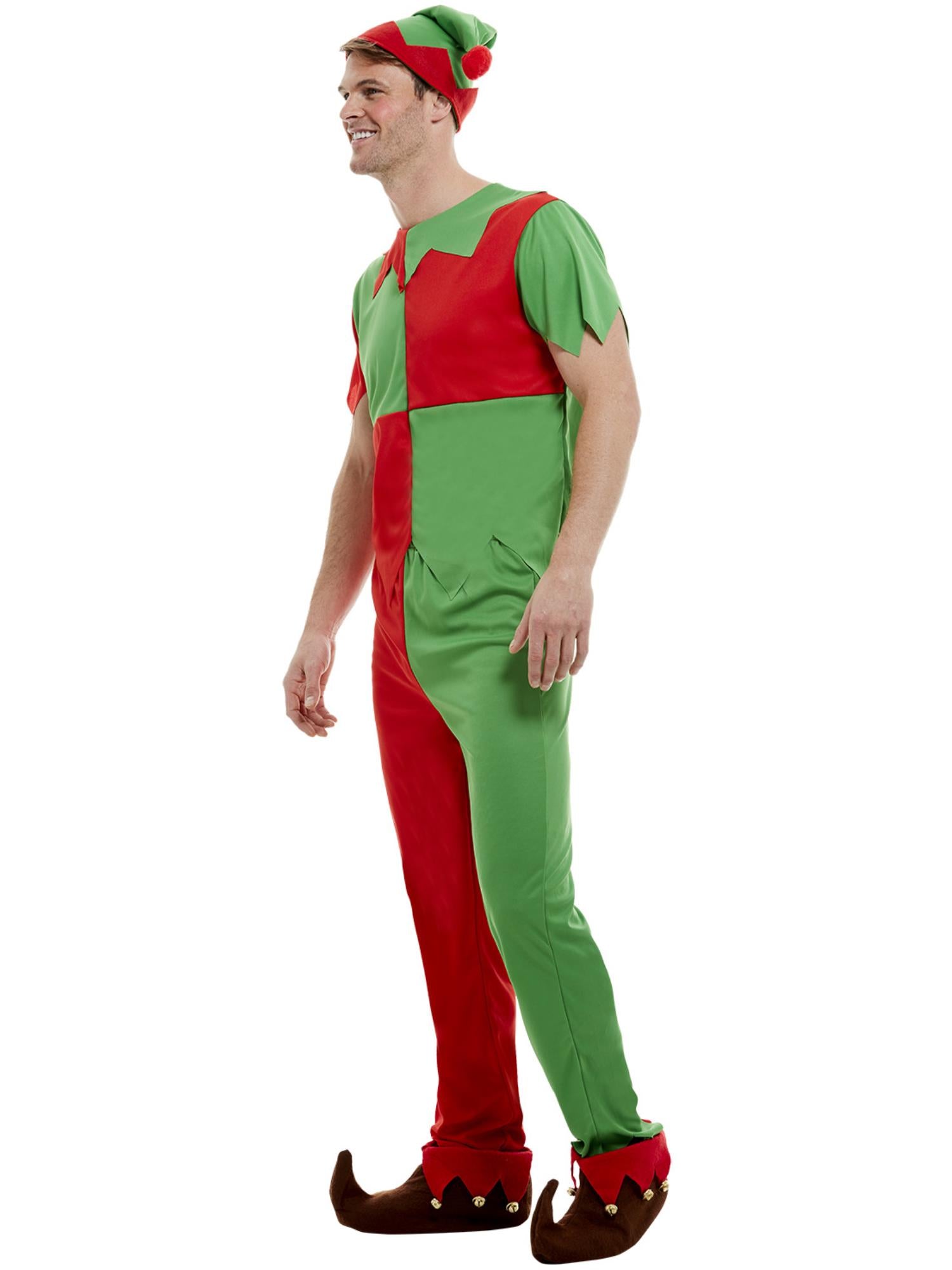 Smiffys Elf-Kostüm in Grün und Rot für Erwachsene mit Oberteil, Hose und Hut – Seitenansicht