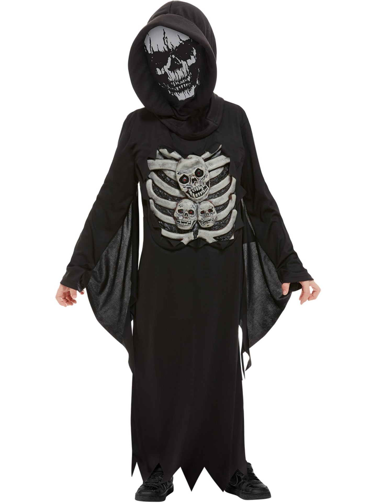 Smiffys Skeleton Reaper Kostüm schwarz mit Robe und Kapuze mit Maske – Produktansicht