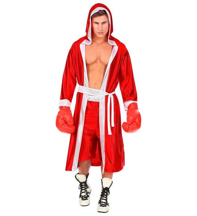 Rotes Boxer-Kostüm mit Kapuzenumhang, Gürtel und Shorts auf weißem Hintergrund