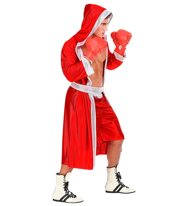 Rotes Boxer-Kostüm mit Kapuzenumhang, Gürtel und Shorts auf weißem Hintergrund