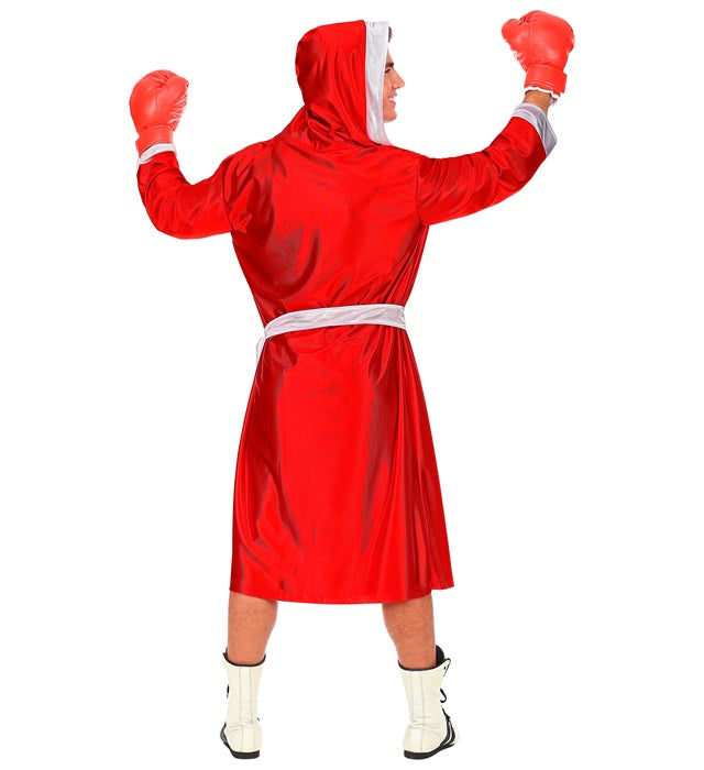 Rotes Boxer-Kostüm mit Kapuzenumhang, Gürtel und Shorts auf weißem Hintergrund