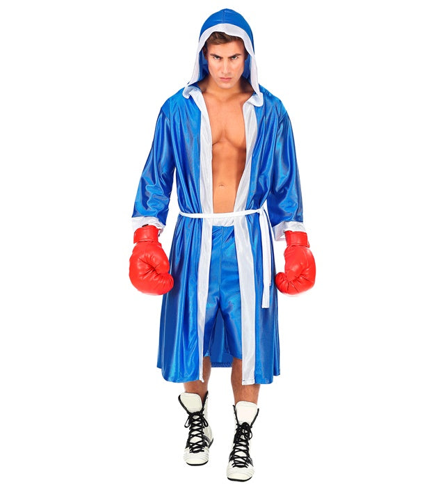 Blaues Boxer-Kostüm-Set mit Kapuzenumhang, Gürtel und Shorts