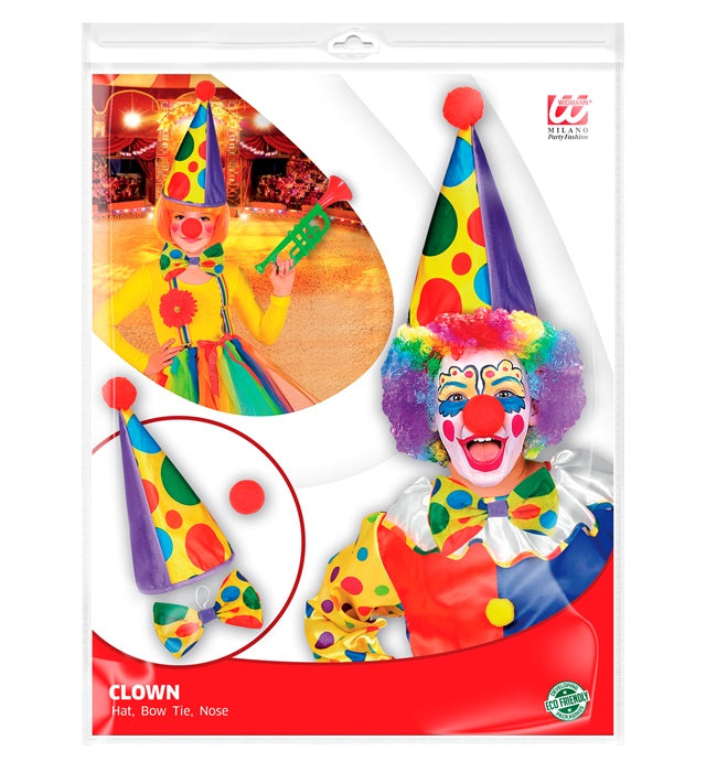 Clown Dress-Up Set mit buntem Hut, roter Nase und Fliege
