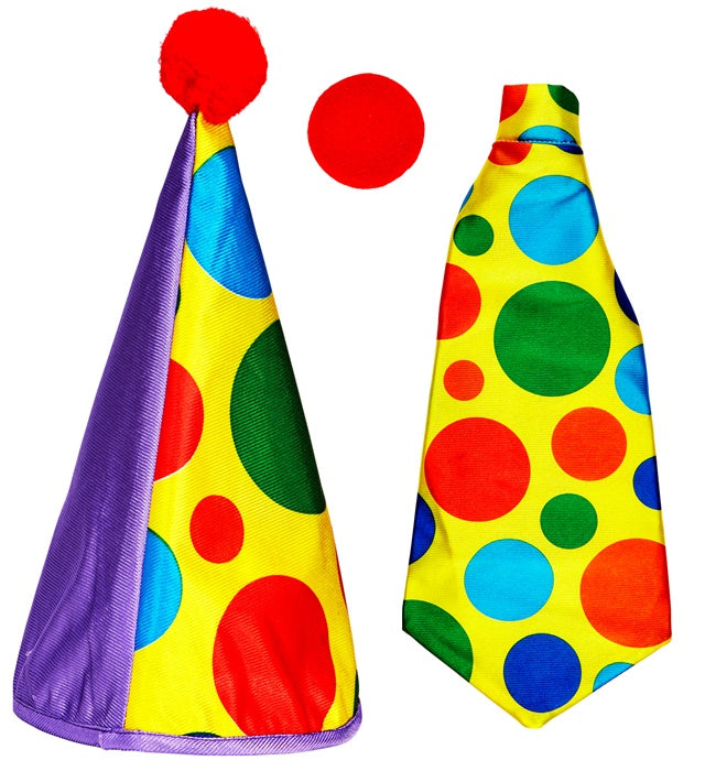 Clown Dress-Up Set bestehend aus Hut, großer Krawatte und roter Nase für Fasnacht