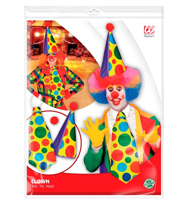 Clown Dress-Up Set bestehend aus Hut, großer Krawatte und roter Nase für Fasnacht