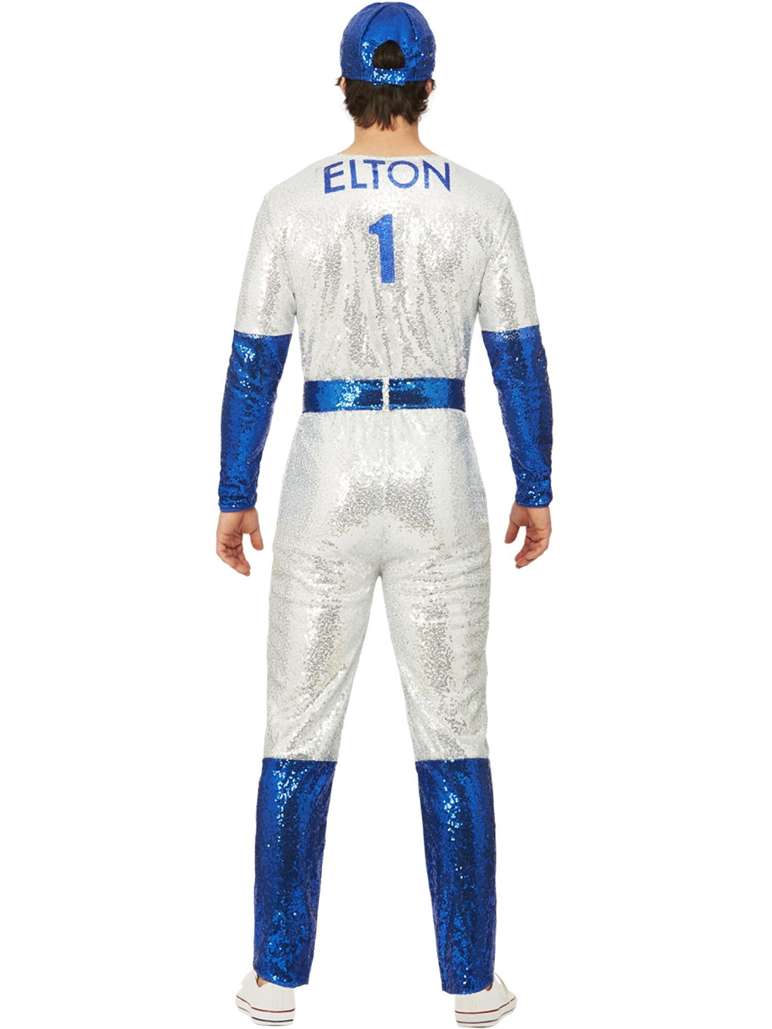 Smiffys Elton-John-Kostüm für Herren mit blauem Pailletten-Overall und Cap – Detailansicht
