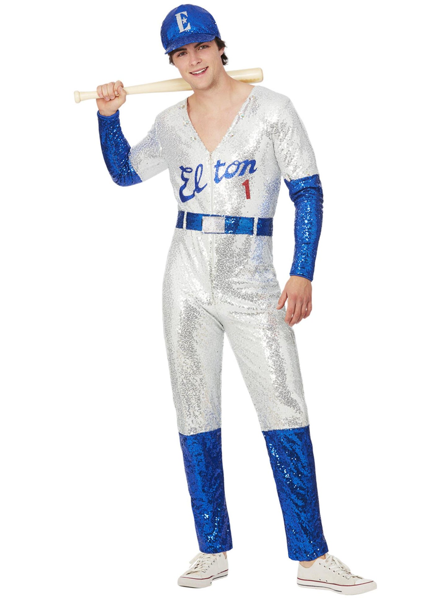 Smiffys Elton-John-Kostüm für Herren mit blauem Pailletten-Overall und Cap – Produktansicht