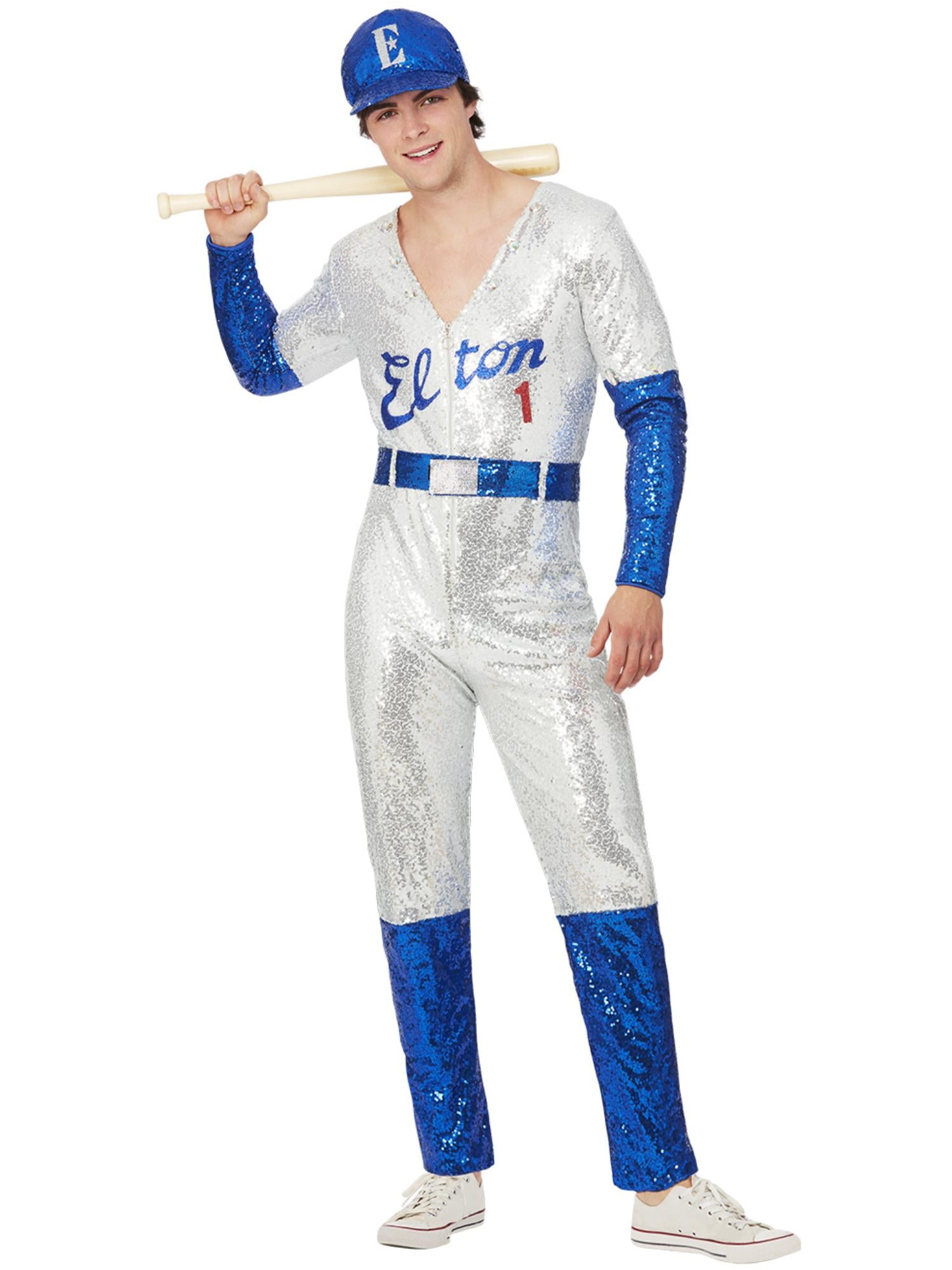 Smiffys Elton-John-Kostüm für Herren mit blauem Pailletten-Overall und Cap – Produktansicht