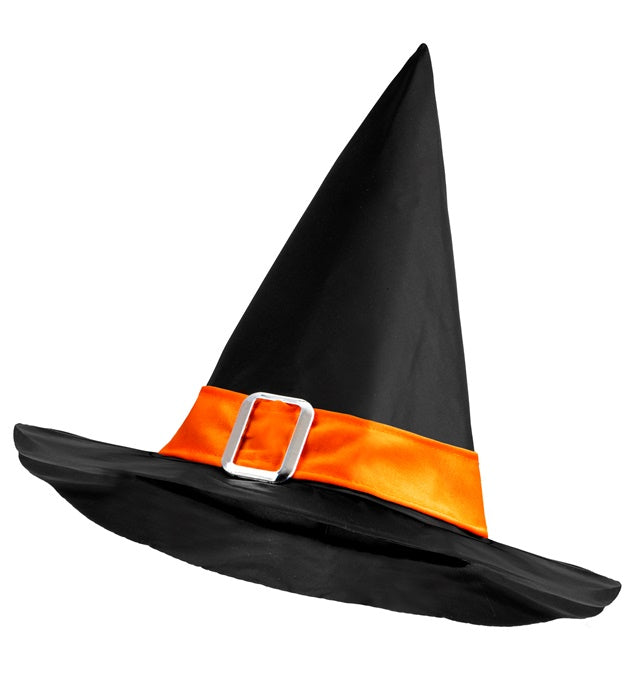 Schwarzer Hexenhut mit orangefarbenem Band und Schnalle