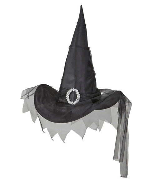 Schwarzer Hexenhut mit Tüll für Fasnacht und Halloween