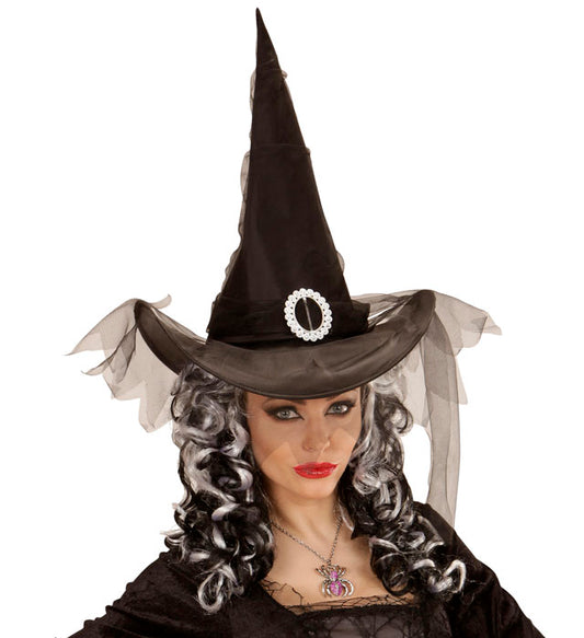 Schwarzer Hexenhut mit Tüll für Fasnacht und Halloween