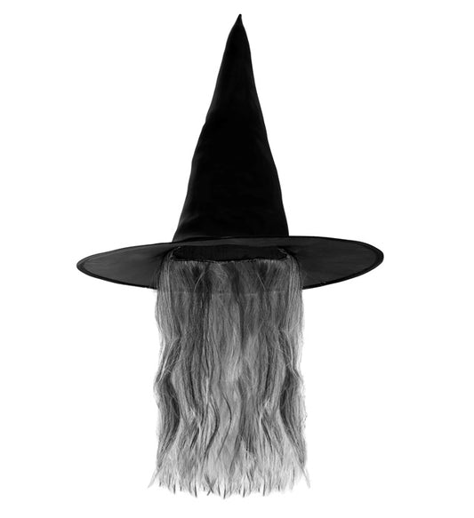 Hexenhut mit grauen Haaren als Halloween und Fasnacht Accessoire