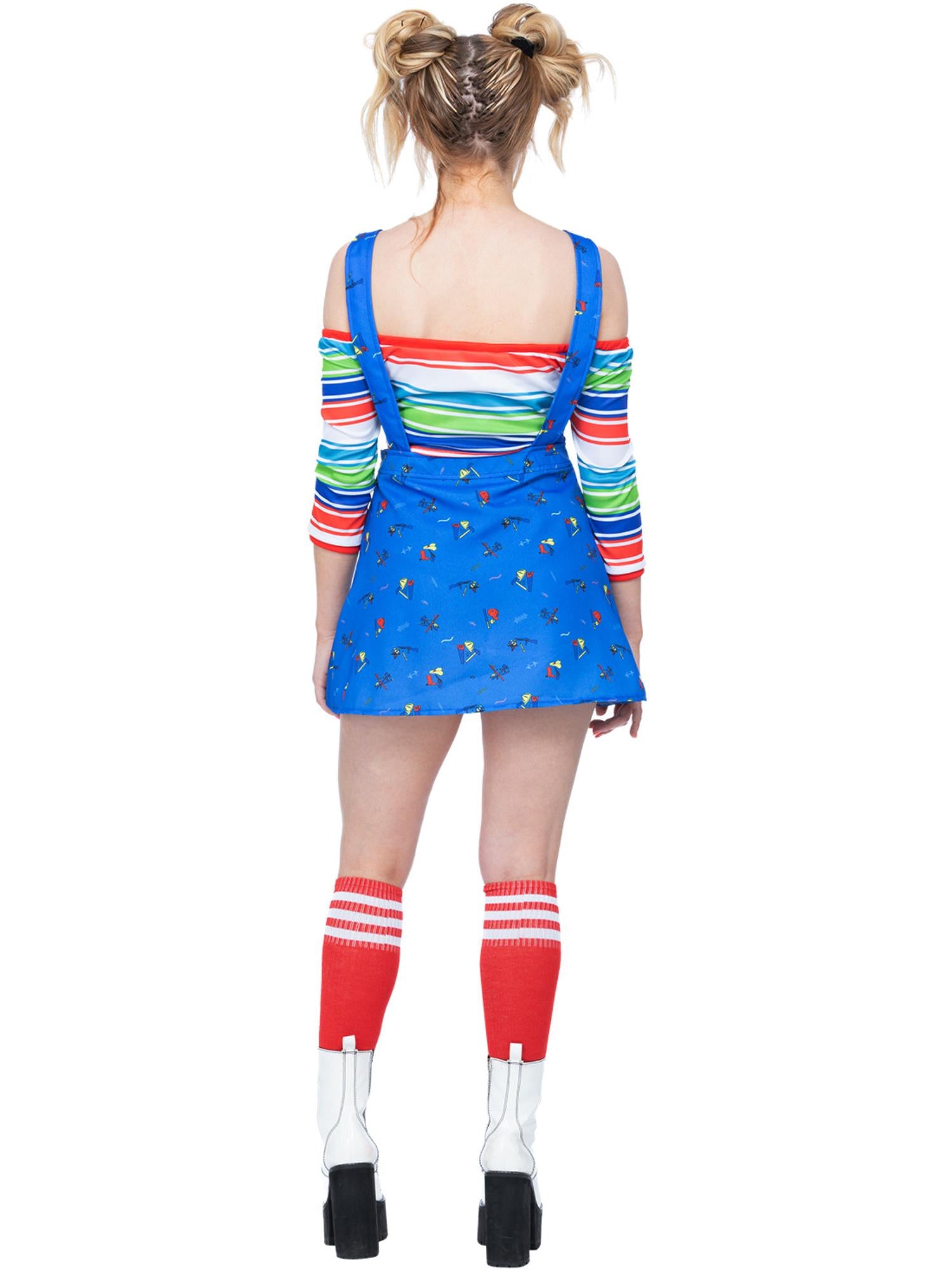Smiffys Chucky Kostüm für Damen blau mit Pinafore-Minikleid und Oberteil – Detailansicht
