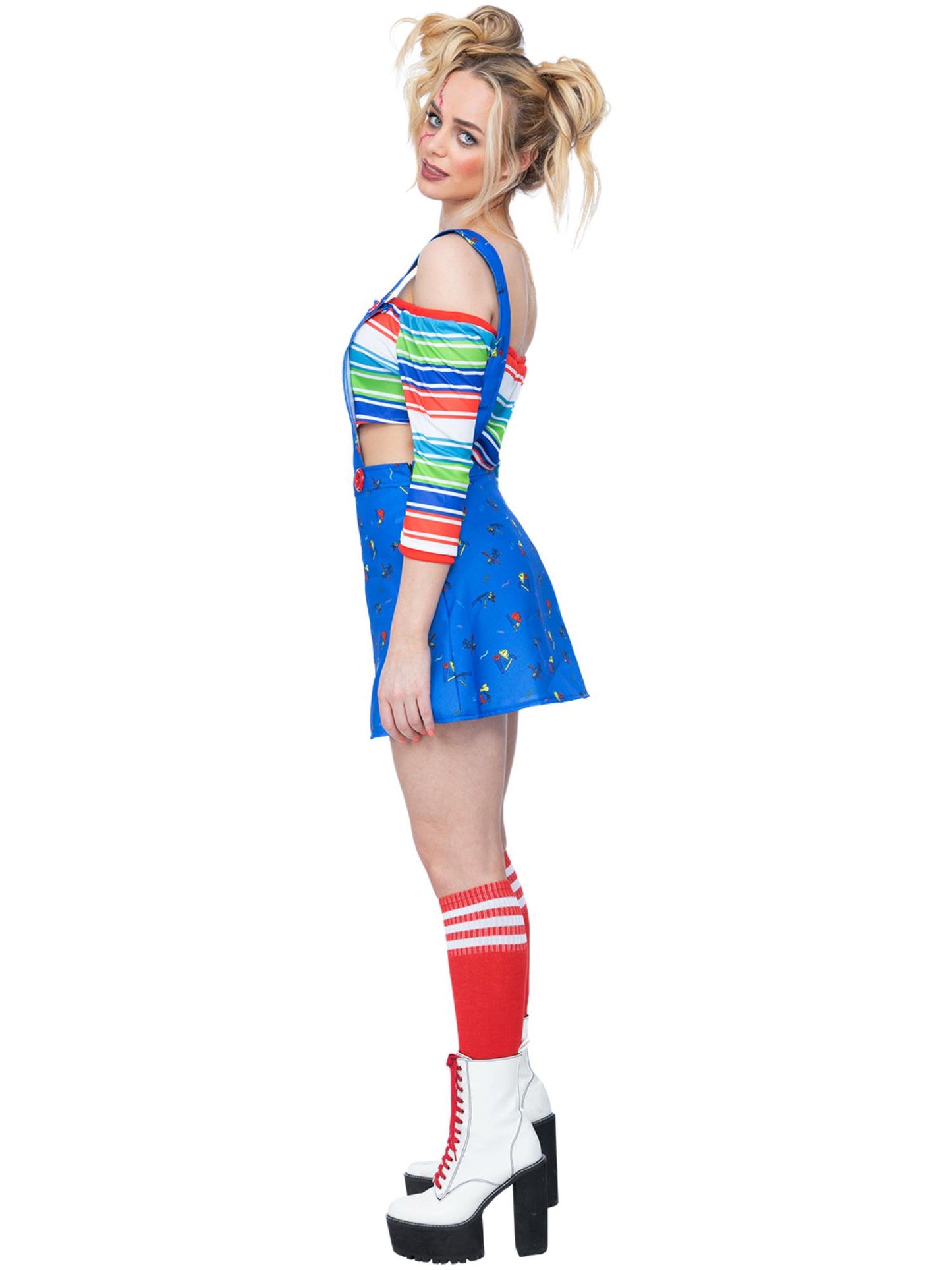 Smiffys Chucky Kostüm für Damen blau mit Pinafore-Minikleid und Oberteil – Seitenansicht
