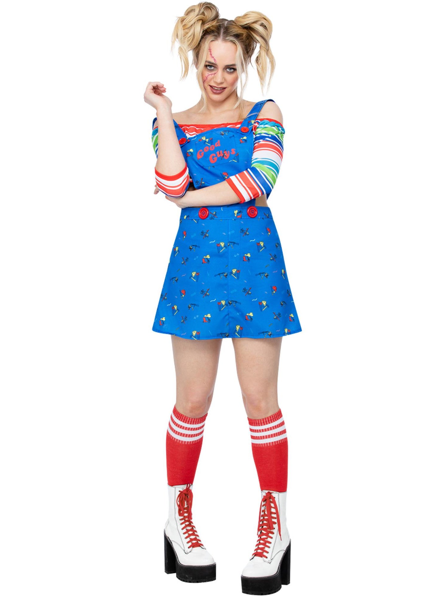 Smiffys Chucky Kostüm für Damen blau mit Pinafore-Minikleid und Oberteil – Produktansicht