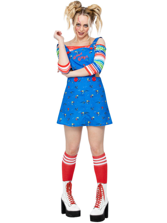 Smiffys Chucky Kostüm für Damen blau mit Pinafore-Minikleid und Oberteil – Produktansicht