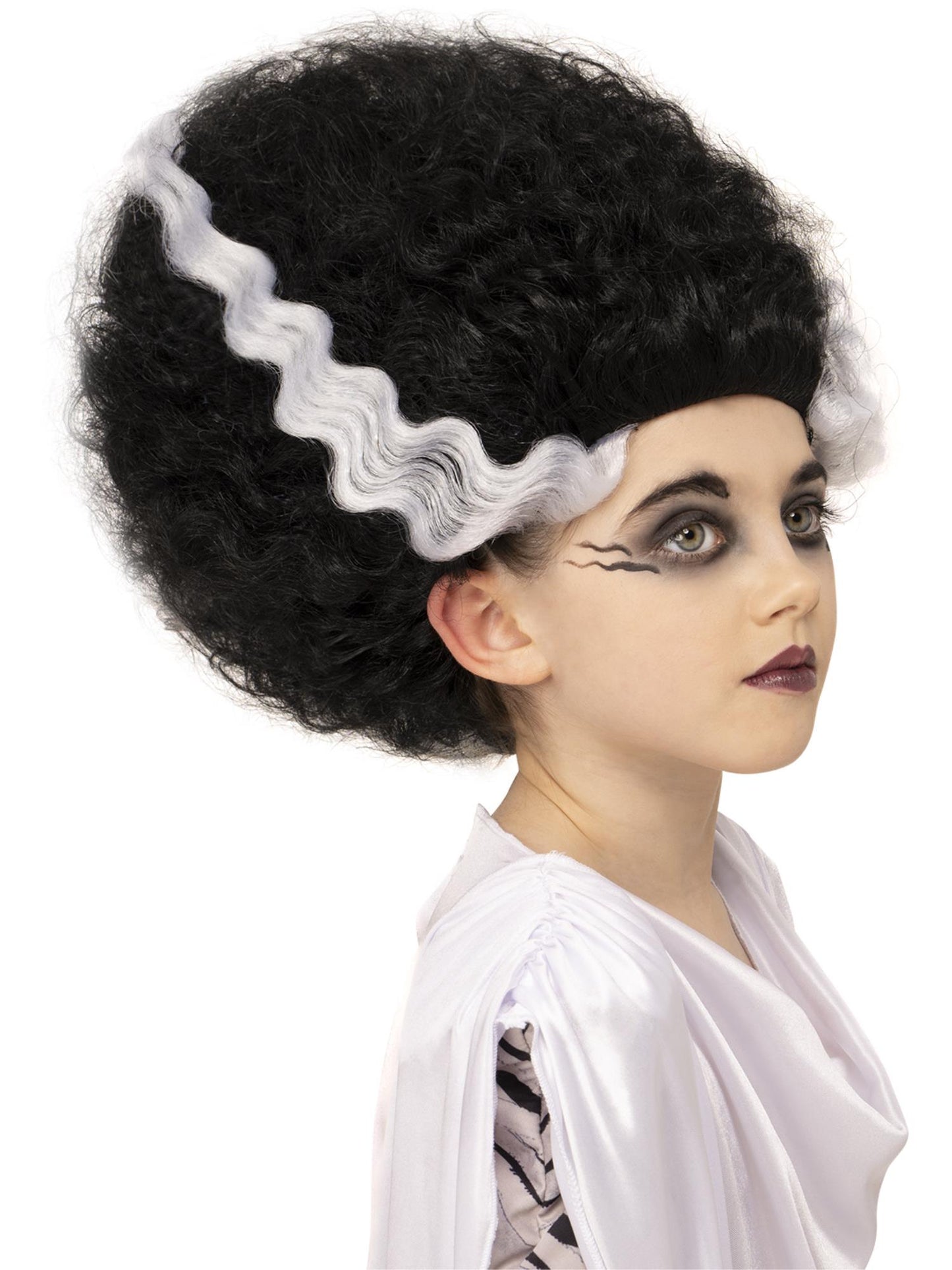 Smiffys Bride of Frankenstein Perücke für Mädchen, schwarz mit weissen Strähnen – Produktansicht