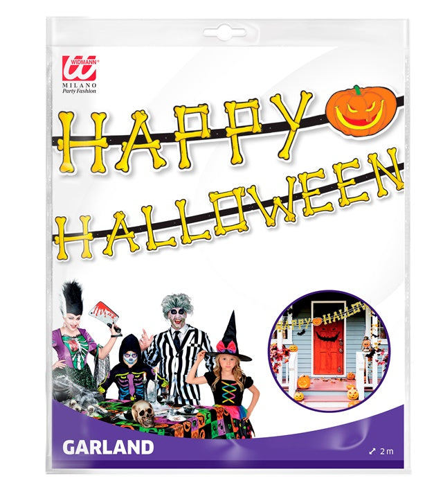 Happy Halloween Girlande 2 Meter lang mit Schriftzug und Halloween-Motiven