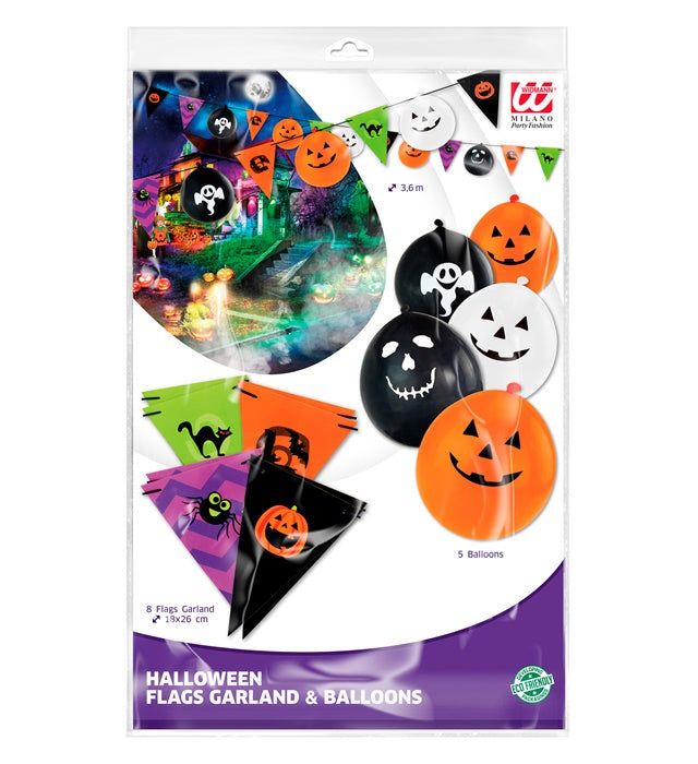 Halloween Girlande mit 8 Flaggen und 5 Ballons an einer Wand dekoriert