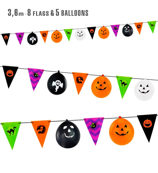 Halloween Girlande mit 8 Flaggen und 5 Ballons an einer Wand dekoriert