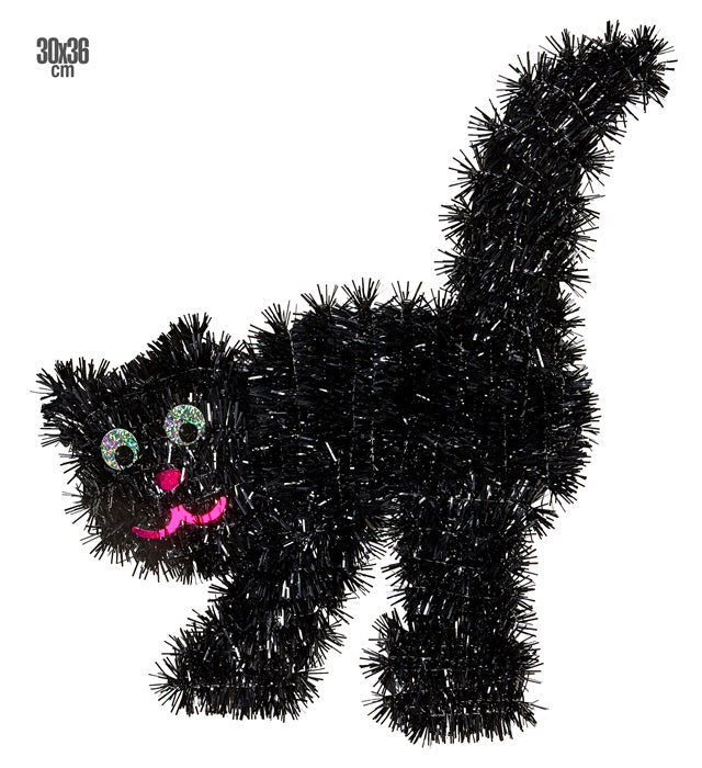 Schwarze Lametta-Katze Dekoration 30x36 cm für Halloween und Fasnacht