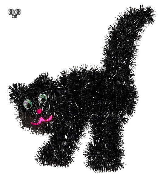 Schwarze Lametta-Katze Dekoration 30x36 cm für Halloween und Fasnacht