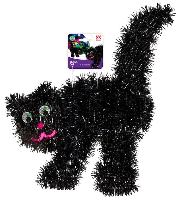 Schwarze Lametta-Katze Dekoration 30x36 cm für Halloween und Fasnacht