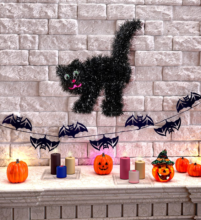 Schwarze Lametta-Katze Dekoration 30x36 cm für Halloween und Fasnacht