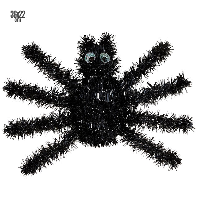 Schwarze Spinne aus Lametta 36 x 22 cm als Dekoration