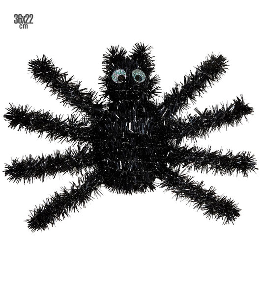 Schwarze Spinne aus Lametta 36 x 22 cm als Dekoration