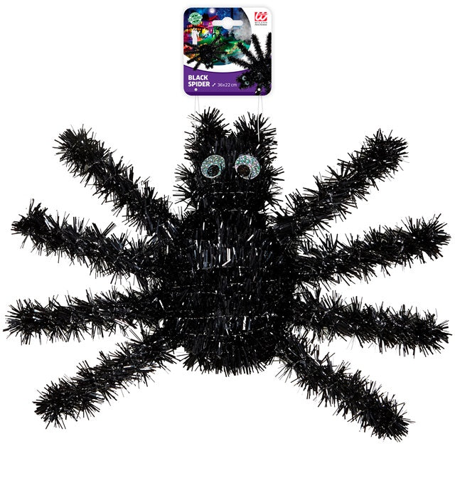 Schwarze Spinne aus Lametta 36 x 22 cm als Dekoration