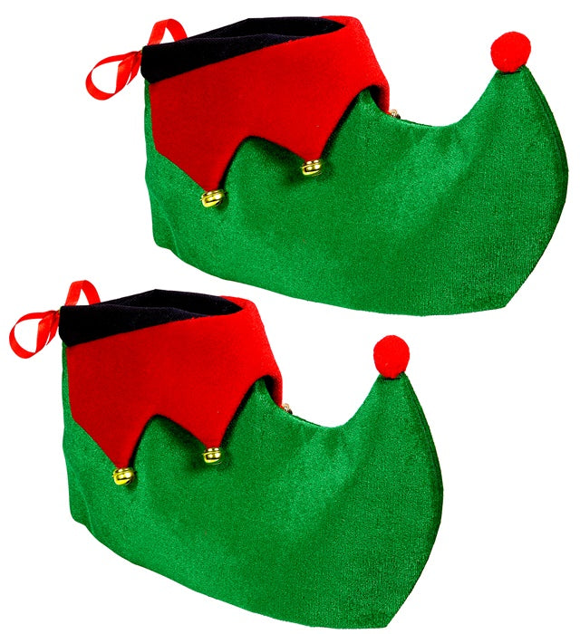 Schuhüberzieher im Weihnachtselfen-Design in rot-grün mit Zipfelmütze
