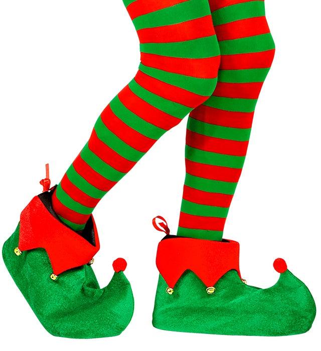 Schuhüberzieher im Weihnachtselfen-Design in rot-grün mit Zipfelmütze