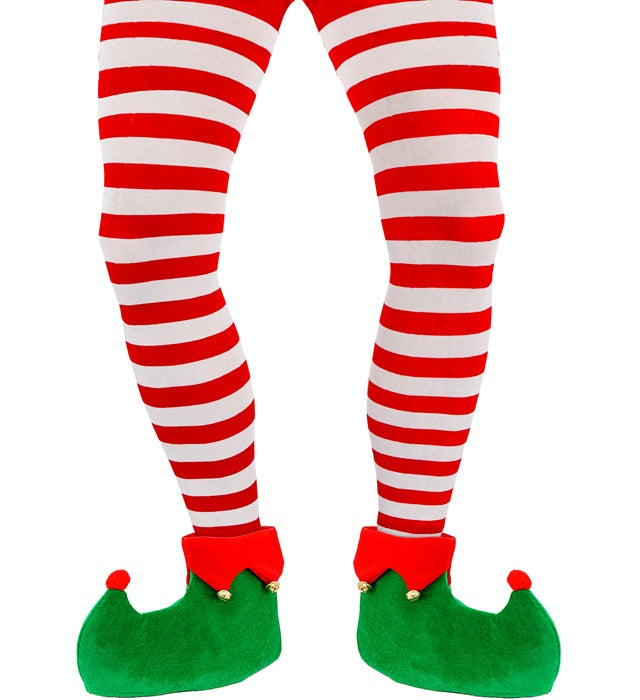 Schuhüberzieher im Weihnachtselfen-Design in rot-grün mit Zipfelmütze