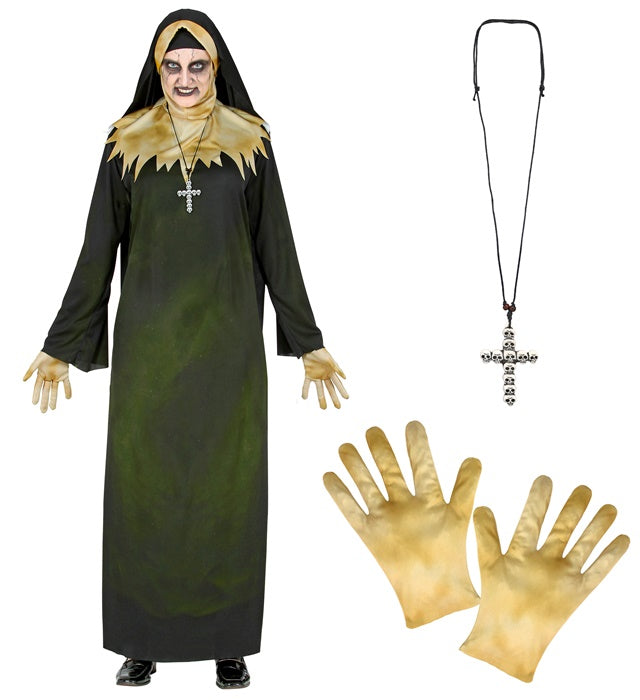 Dämonische Nonne Kostüm mit Robe, Kapuze und Schleier für Fasnacht und Halloween