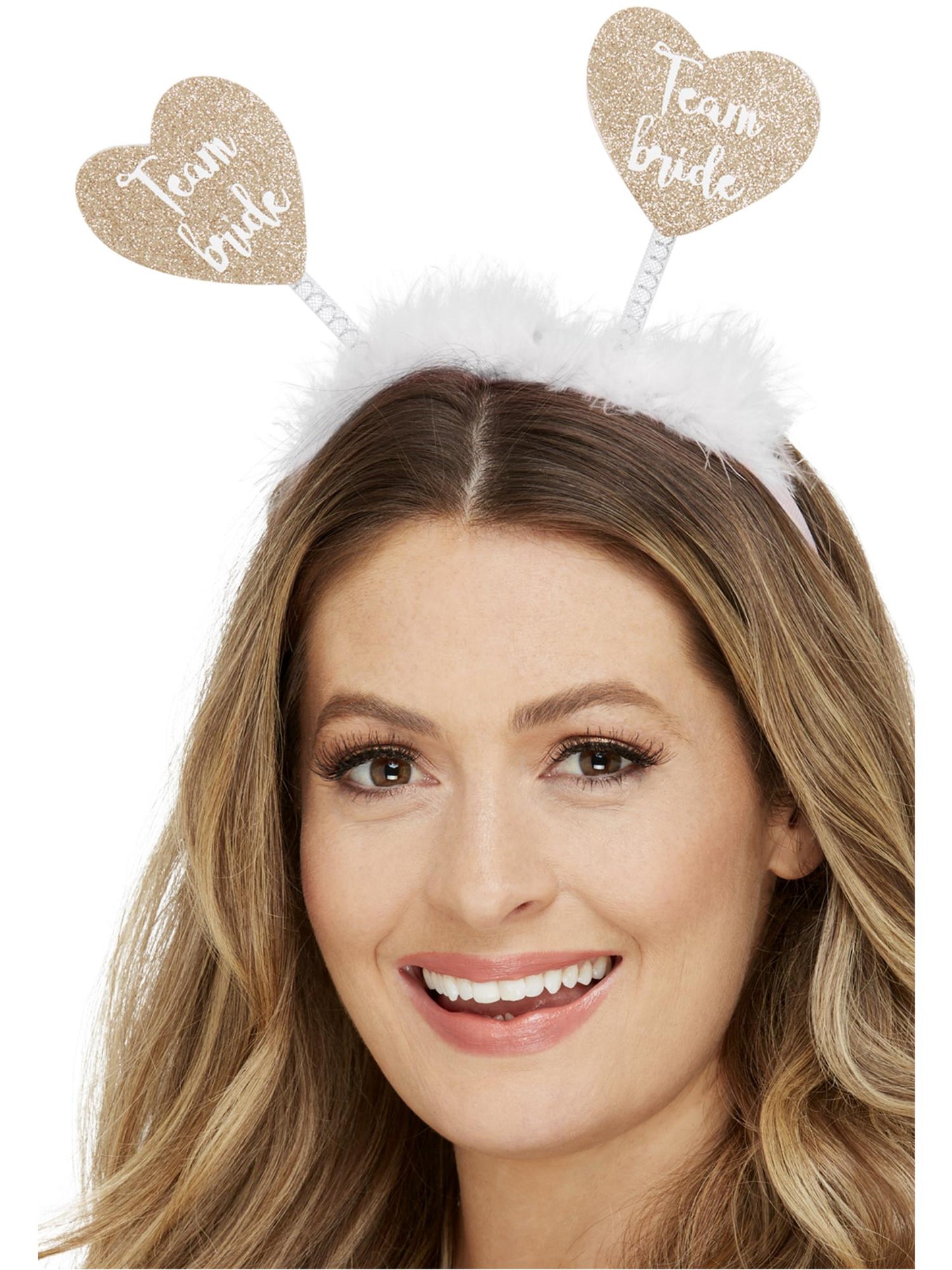 Smiffys Team Bride Herz-Haarreif in Weiss mit goldenen Herzen und Marabou