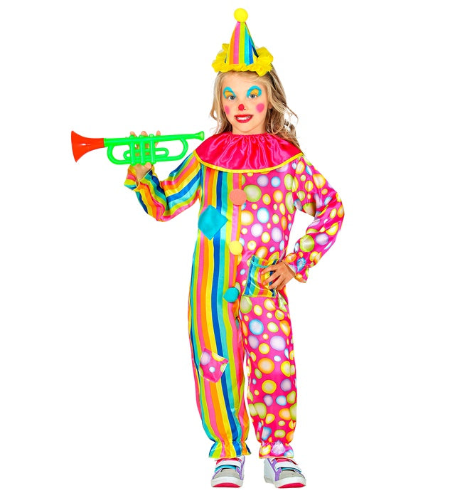 Bunter Clown-Overall mit auffälligem Kragen und Minihut für Fasnacht