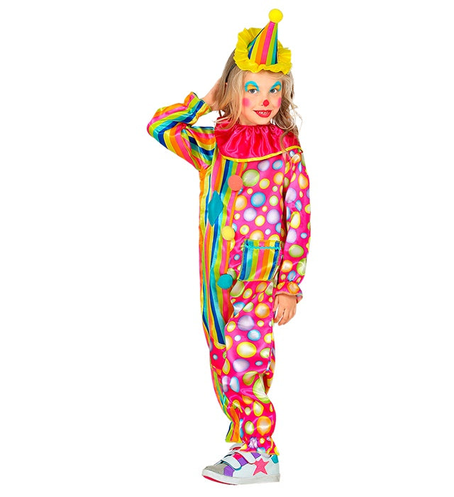 Bunter Clown-Overall mit auffälligem Kragen und Minihut für Fasnacht