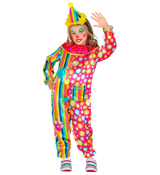 Bunter Clown-Overall mit auffälligem Kragen und Minihut für Fasnacht