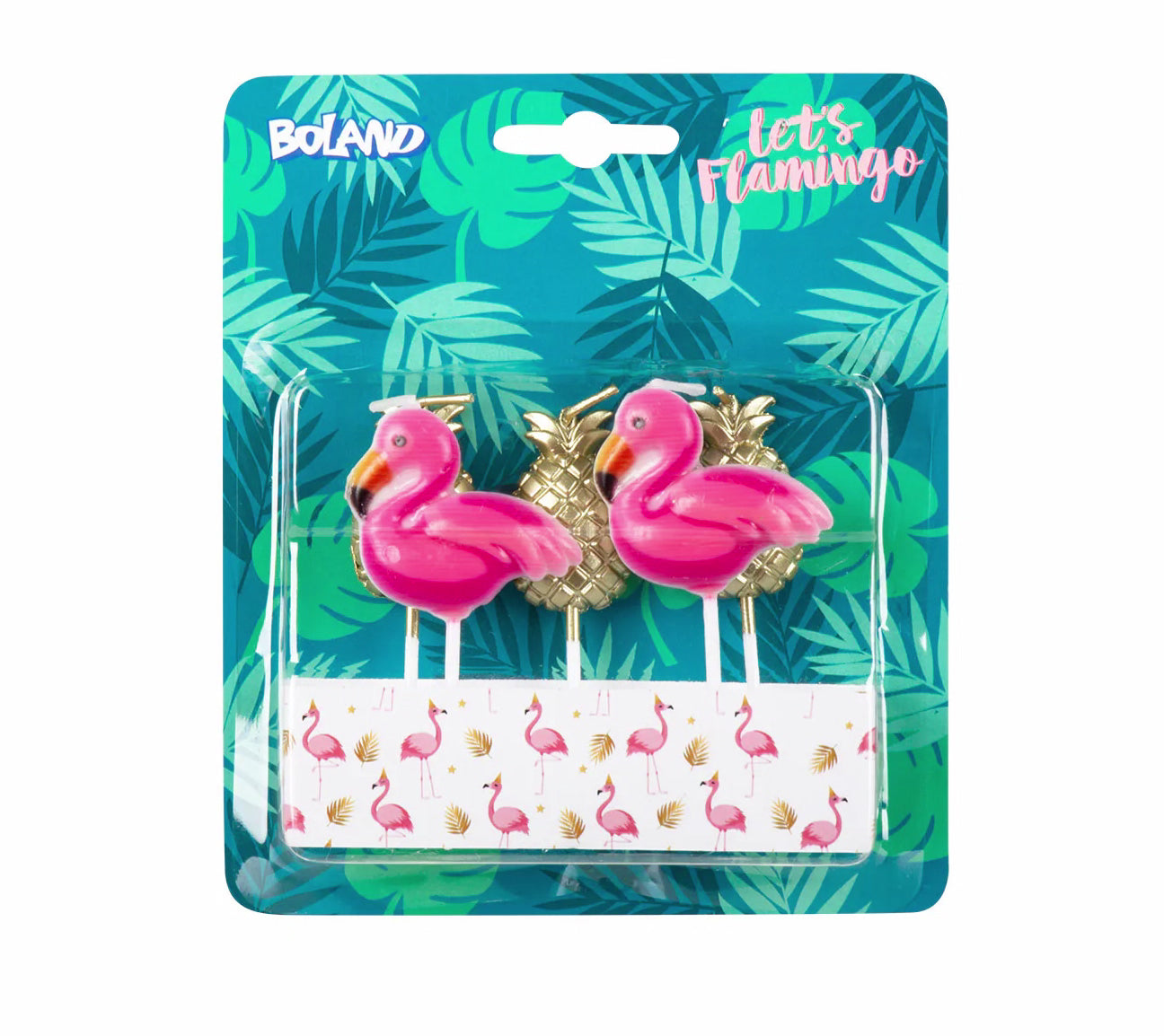 Fünf Aufsteckkerzen in Form von Flamingos und Ananas für Partys auf einem weißen Hintergrund.