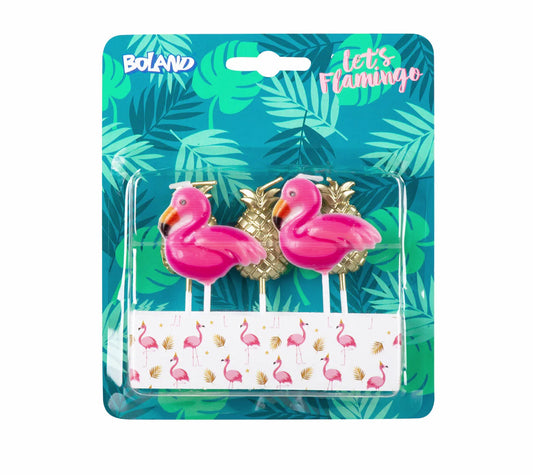 Fünf Aufsteckkerzen in Form von Flamingos und Ananas für Partys auf einem weißen Hintergrund.