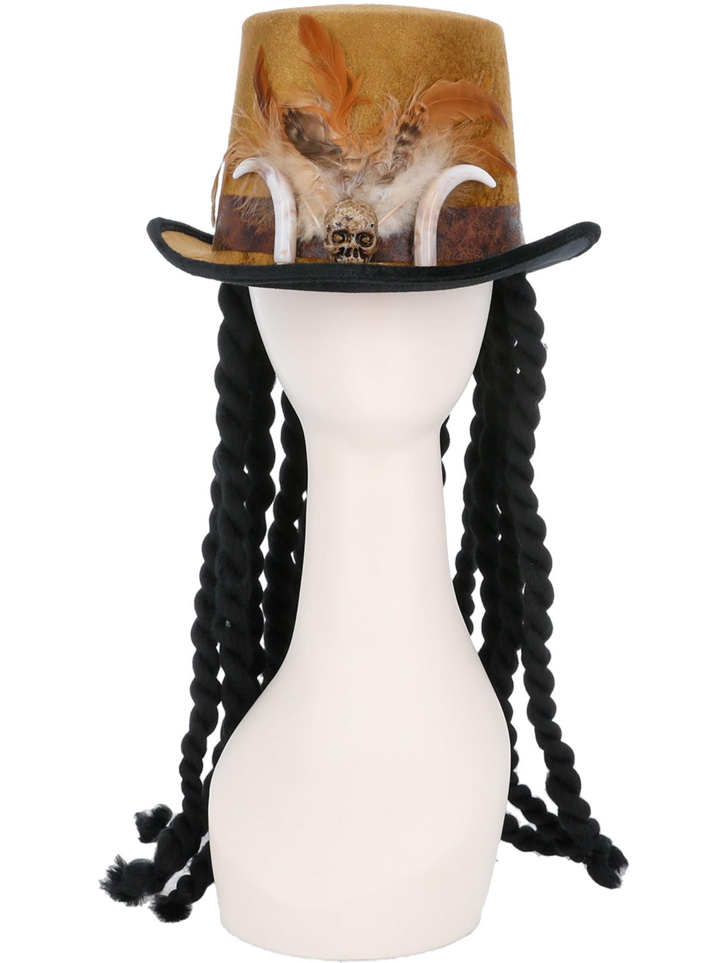 Smiffys VOODOO Deluxe Witch Doctor Top Hat schwarz mit Dreadlocks und Federn – Detailansicht