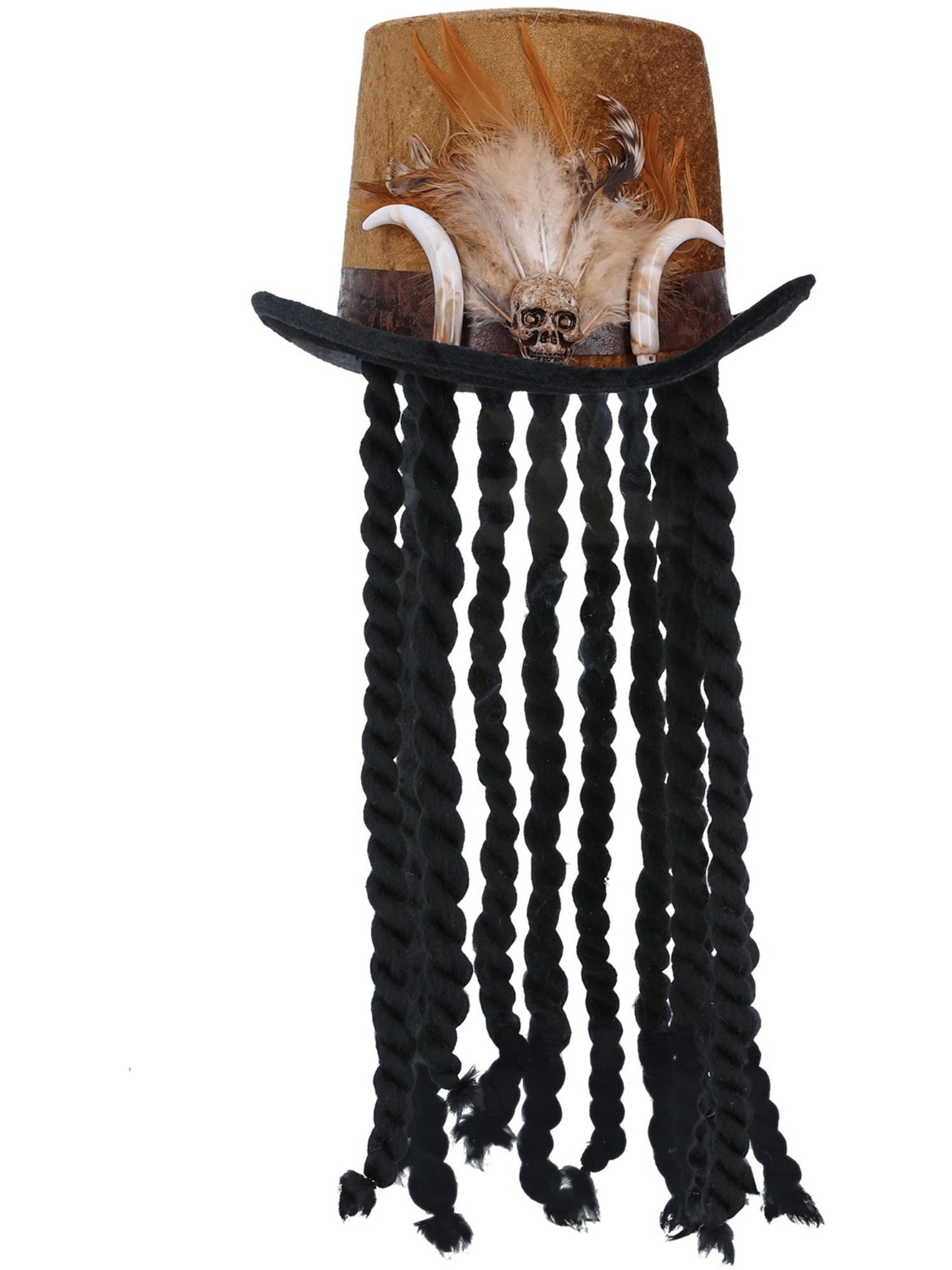 Smiffys VOODOO Deluxe Witch Doctor Top Hat schwarz mit Dreadlocks und Federn – Produktansicht
