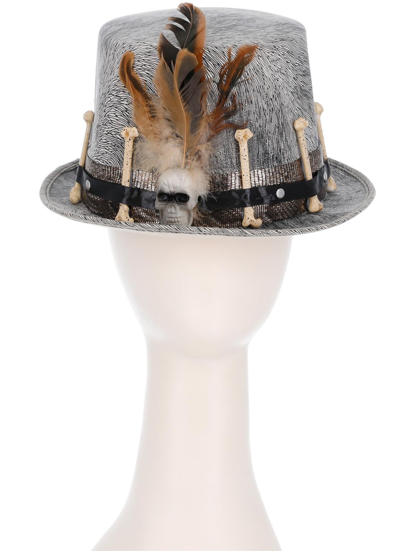 Smiffys Voodoo Distressed Grey Top Hat in Grau mit Knochen und Federn – Detailansicht