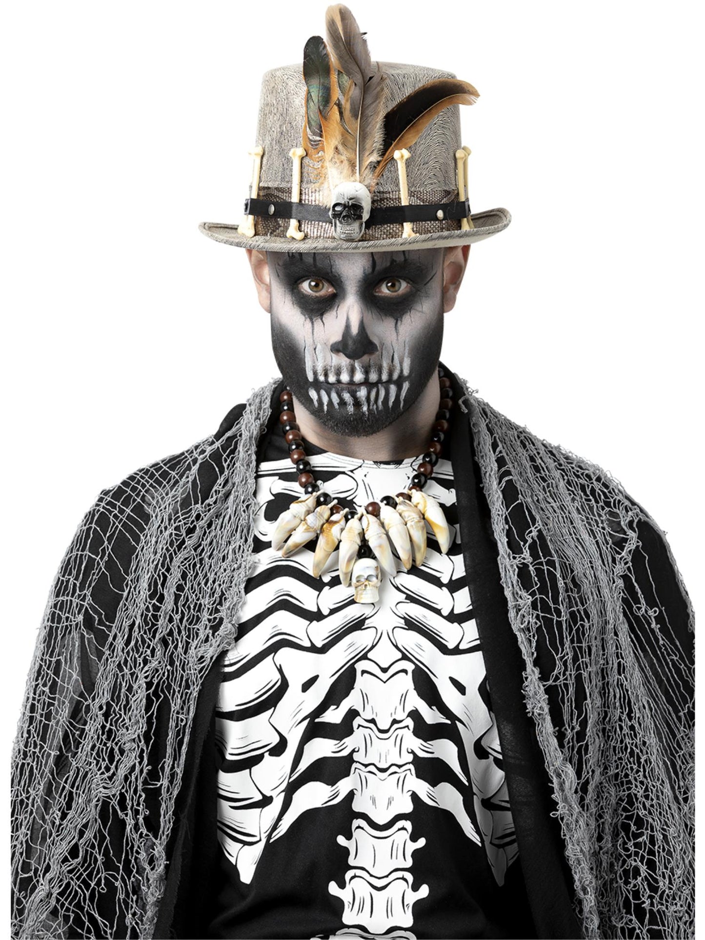 Smiffys Voodoo Distressed Grey Top Hat in Grau mit Knochen und Federn – Produktansicht
