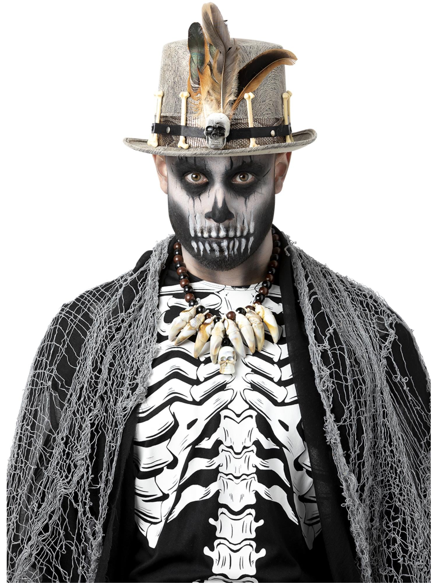 Smiffys Voodoo Distressed Grey Top Hat in Grau mit Knochen und Federn – Produktansicht