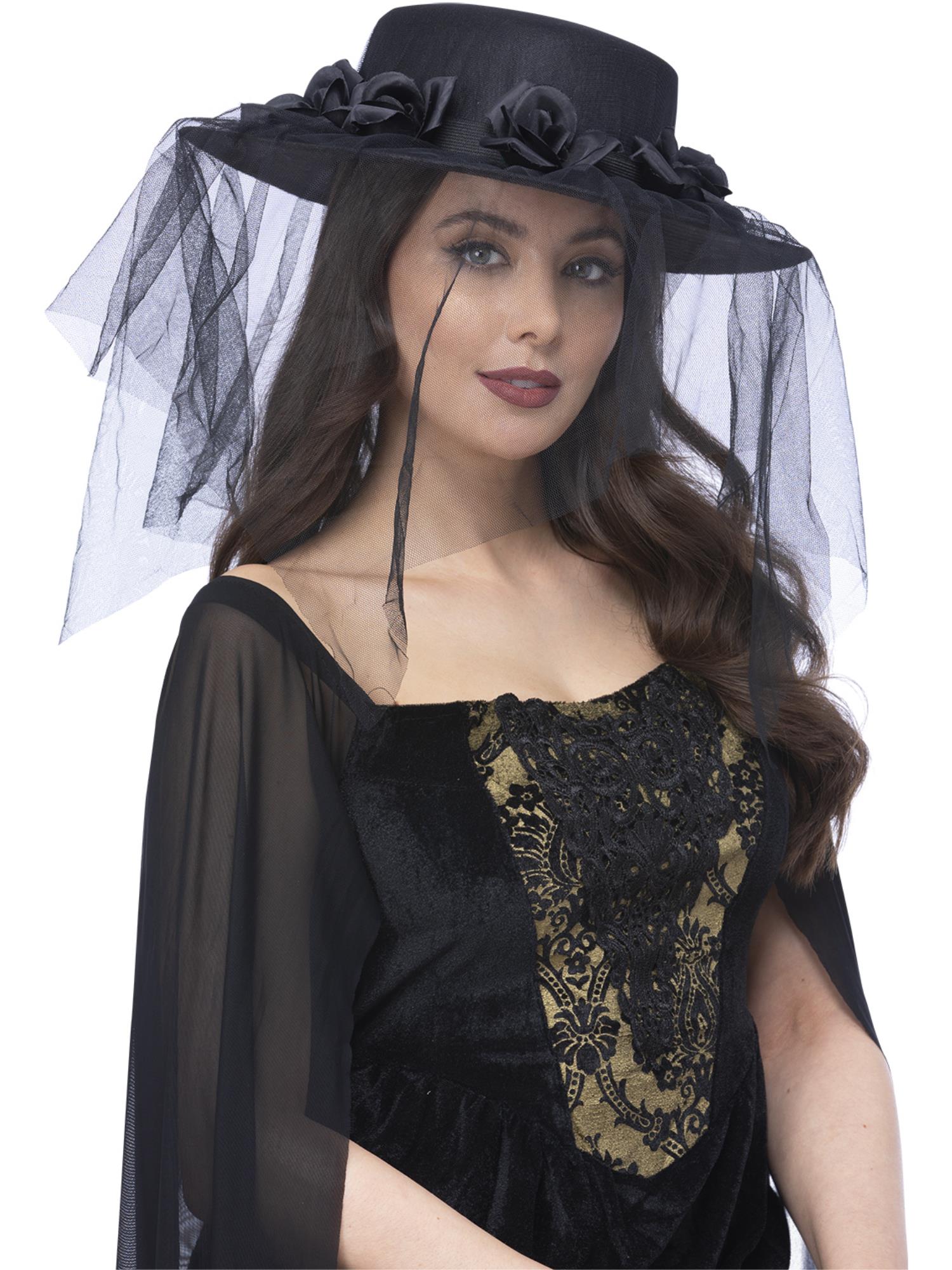 Smiffys BLACKWIDOW Gothic-Trauerhut mit Rosen und Schleier für Damen