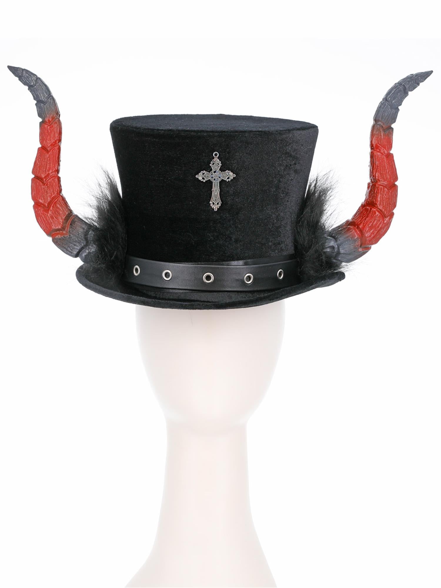 Smiffys Deluxe Devil Top Hat schwarz mit Hörnern und Marabou – Detailansicht