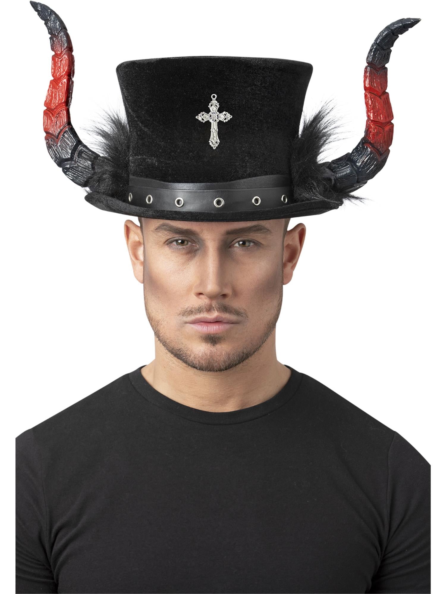 Smiffys Deluxe Devil Top Hat schwarz mit Hörnern und Marabou – Produktansicht